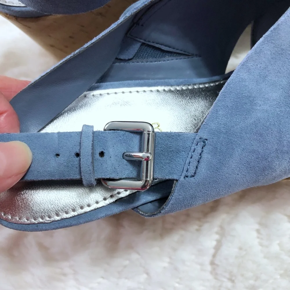 Marc Fisher Suede Slingback Wedge Sandals Size 7.5 Cross Band Open Toe Blue BNIB